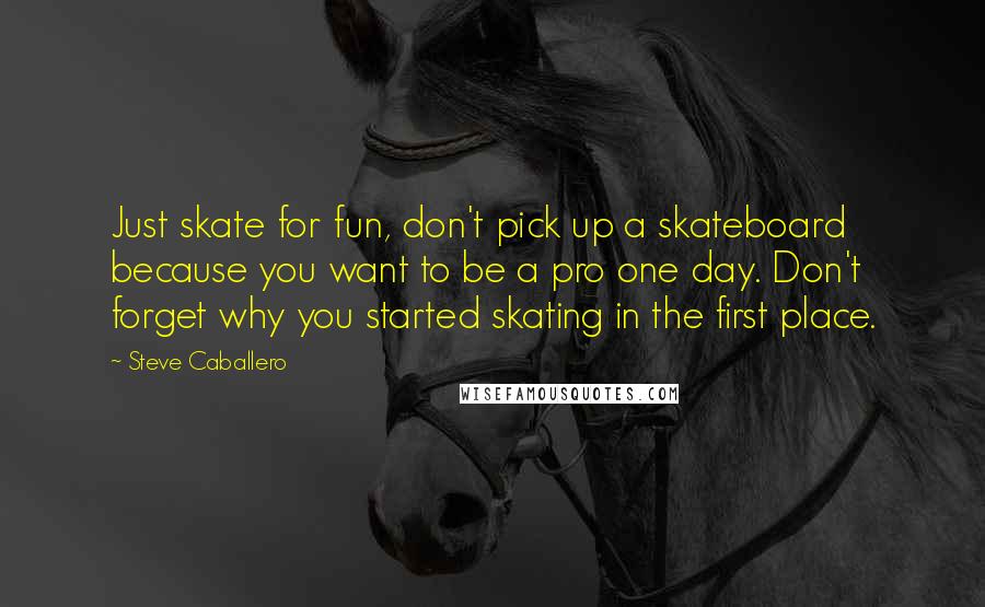 Steve Caballero Quotes: Just skate for fun, don't pick up a skateboard because you want to be a pro one day. Don't forget why you started skating in the first place.