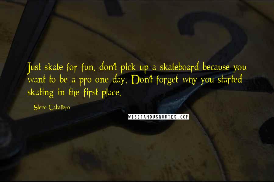 Steve Caballero Quotes: Just skate for fun, don't pick up a skateboard because you want to be a pro one day. Don't forget why you started skating in the first place.