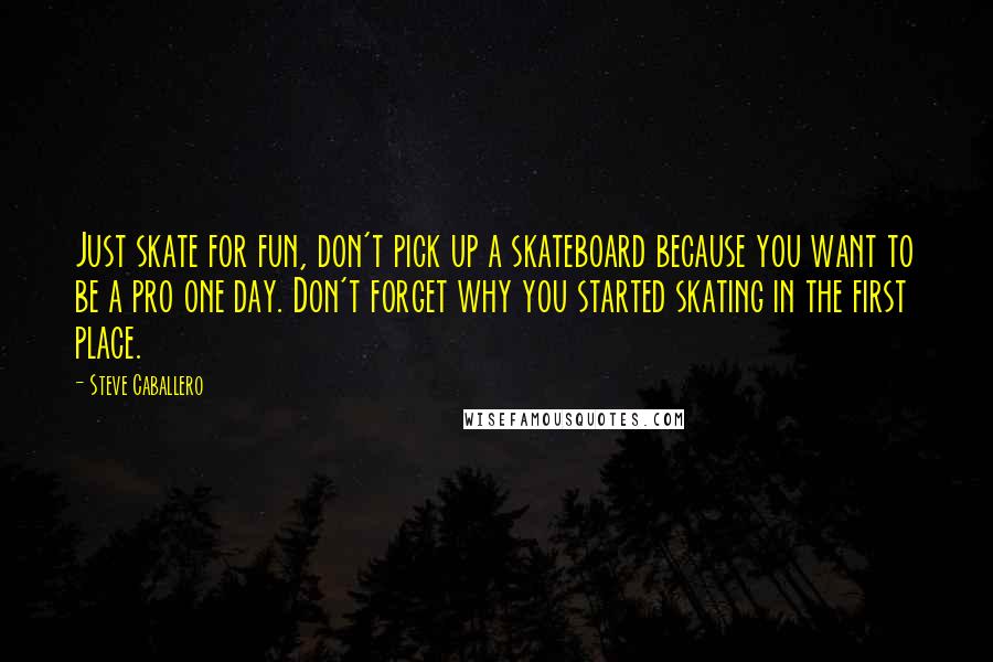 Steve Caballero Quotes: Just skate for fun, don't pick up a skateboard because you want to be a pro one day. Don't forget why you started skating in the first place.