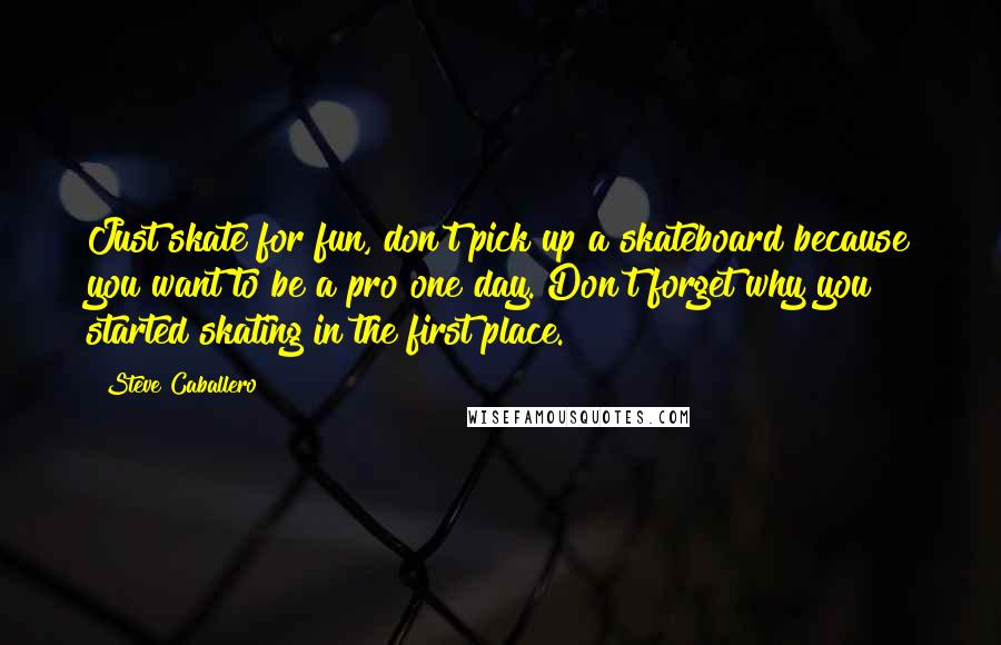 Steve Caballero Quotes: Just skate for fun, don't pick up a skateboard because you want to be a pro one day. Don't forget why you started skating in the first place.