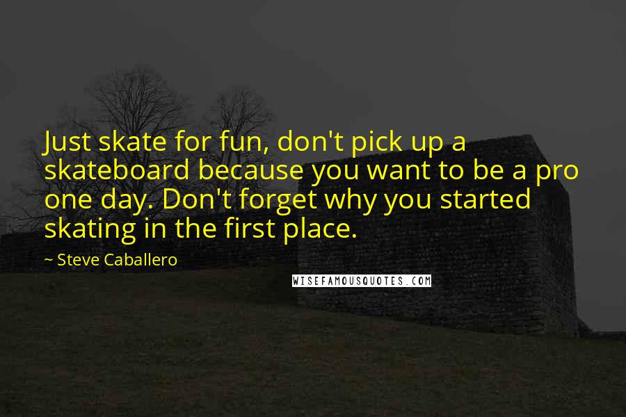Steve Caballero Quotes: Just skate for fun, don't pick up a skateboard because you want to be a pro one day. Don't forget why you started skating in the first place.