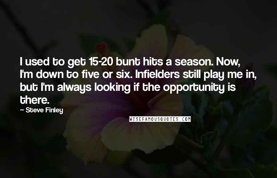 Steve Finley Quotes: I used to get 15-20 bunt hits a season. Now, I'm down to five or six. Infielders still play me in, but I'm always looking if the opportunity is there.