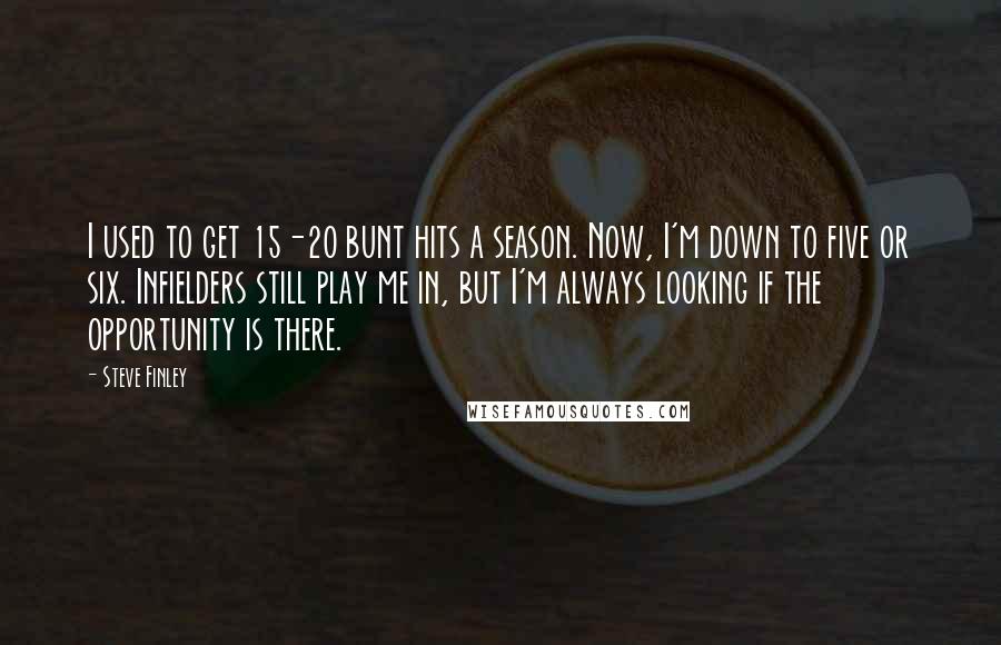 Steve Finley Quotes: I used to get 15-20 bunt hits a season. Now, I'm down to five or six. Infielders still play me in, but I'm always looking if the opportunity is there.