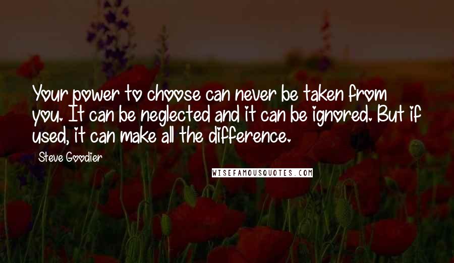 Steve Goodier Quotes: Your power to choose can never be taken from you. It can be neglected and it can be ignored. But if used, it can make all the difference.