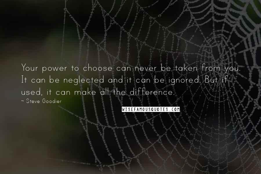 Steve Goodier Quotes: Your power to choose can never be taken from you. It can be neglected and it can be ignored. But if used, it can make all the difference.