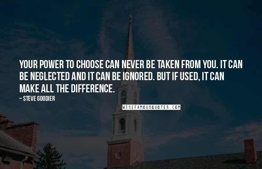 Steve Goodier Quotes: Your power to choose can never be taken from you. It can be neglected and it can be ignored. But if used, it can make all the difference.