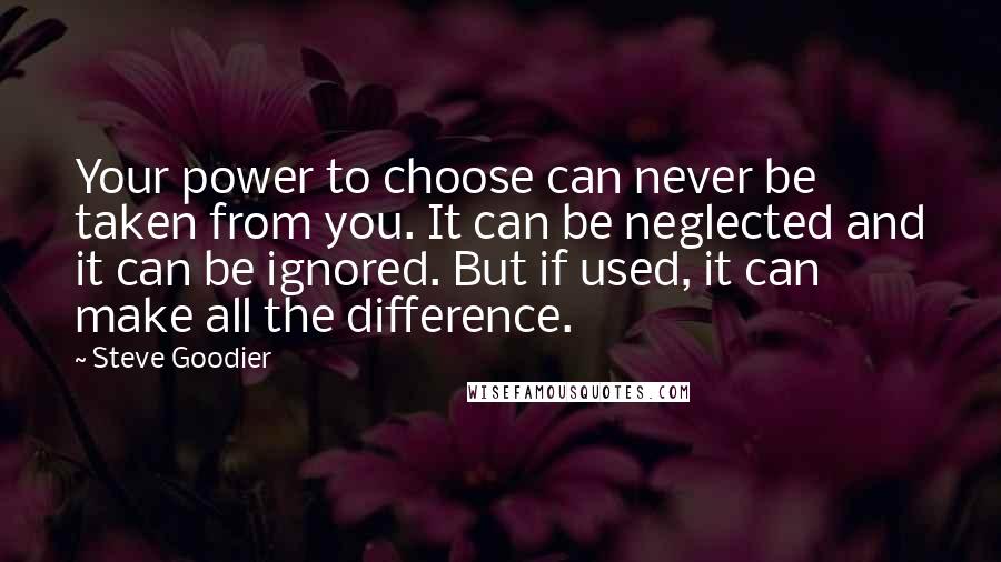 Steve Goodier Quotes: Your power to choose can never be taken from you. It can be neglected and it can be ignored. But if used, it can make all the difference.