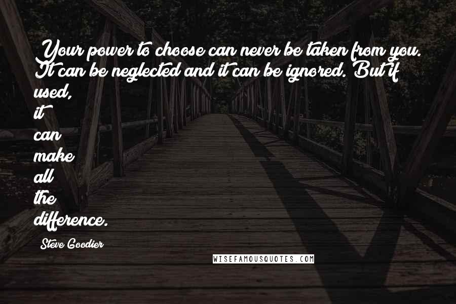 Steve Goodier Quotes: Your power to choose can never be taken from you. It can be neglected and it can be ignored. But if used, it can make all the difference.