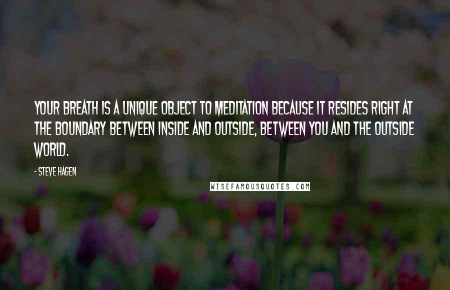 Steve Hagen Quotes: Your breath is a unique object to meditation because it resides right at the boundary between inside and outside, between you and the outside world.