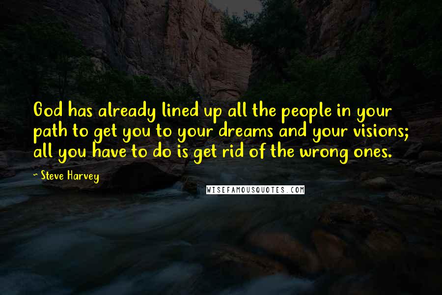 Steve Harvey Quotes: God has already lined up all the people in your path to get you to your dreams and your visions; all you have to do is get rid of the wrong ones.