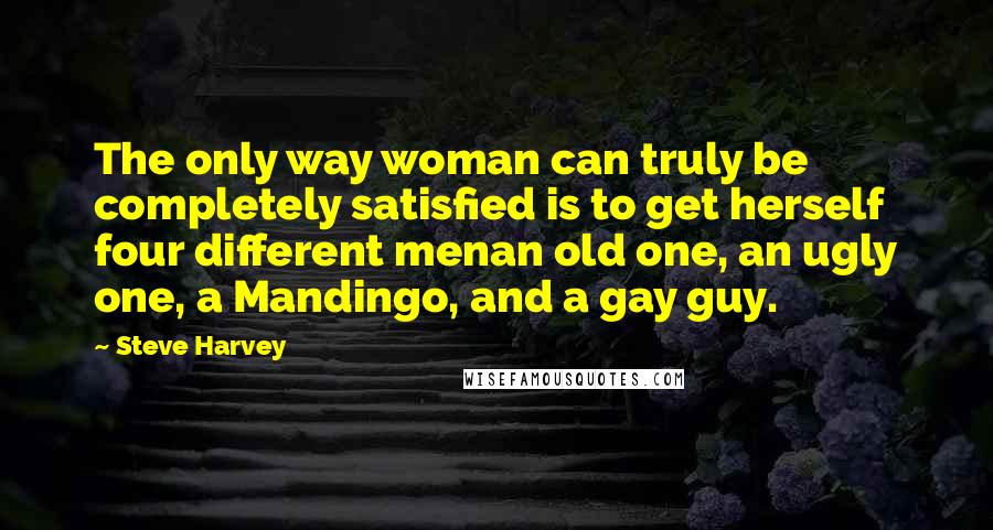 Steve Harvey Quotes: The only way woman can truly be completely satisfied is to get herself four different menan old one, an ugly one, a Mandingo, and a gay guy.