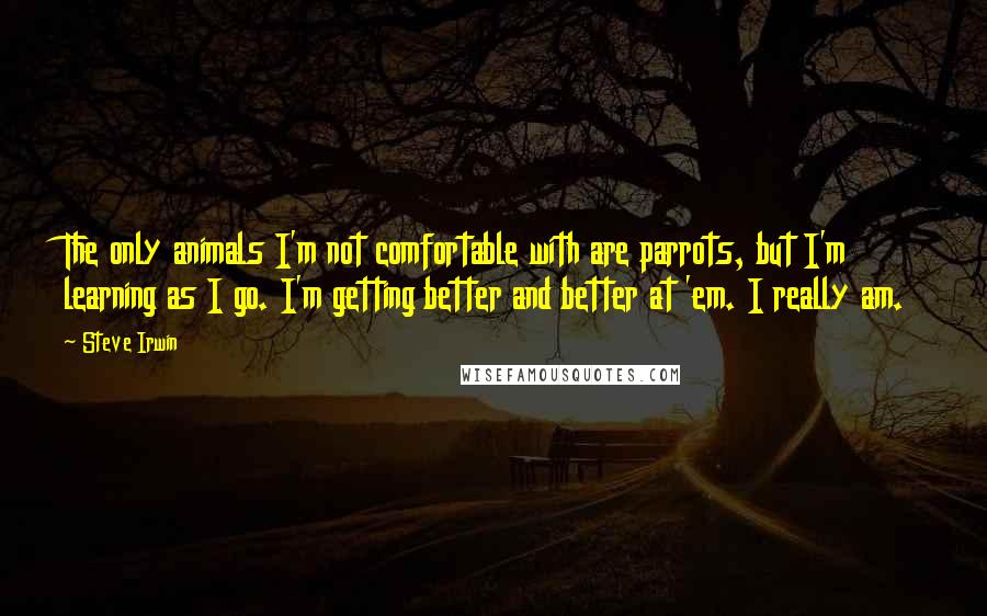 Steve Irwin Quotes: The only animals I'm not comfortable with are parrots, but I'm learning as I go. I'm getting better and better at 'em. I really am.