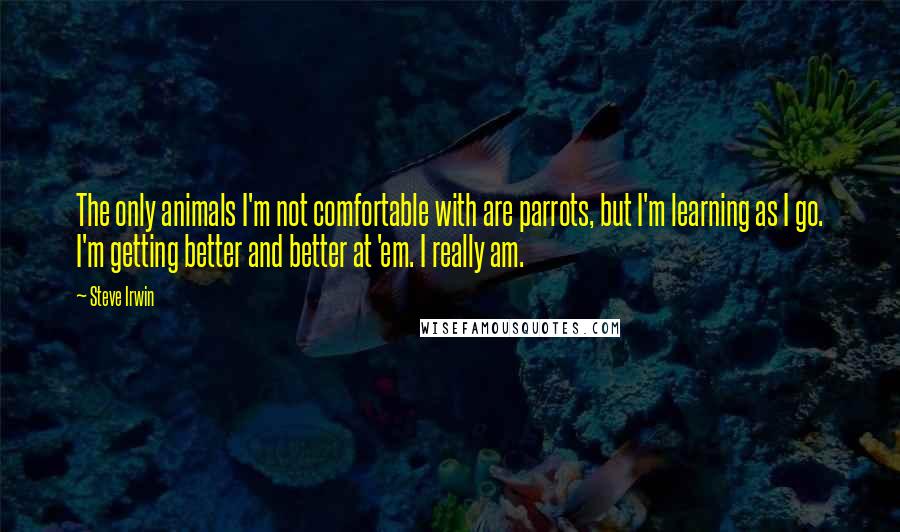 Steve Irwin Quotes: The only animals I'm not comfortable with are parrots, but I'm learning as I go. I'm getting better and better at 'em. I really am.