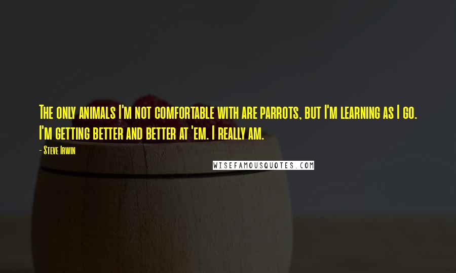 Steve Irwin Quotes: The only animals I'm not comfortable with are parrots, but I'm learning as I go. I'm getting better and better at 'em. I really am.