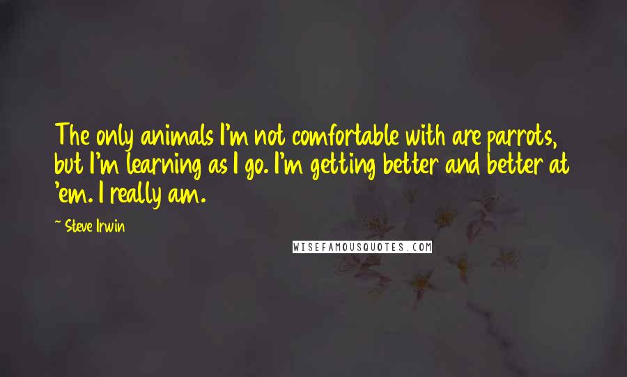 Steve Irwin Quotes: The only animals I'm not comfortable with are parrots, but I'm learning as I go. I'm getting better and better at 'em. I really am.