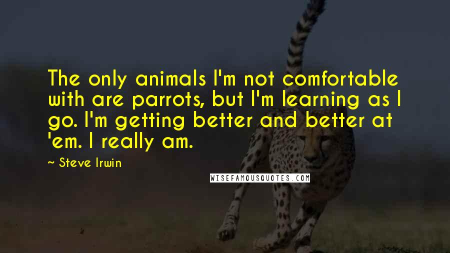 Steve Irwin Quotes: The only animals I'm not comfortable with are parrots, but I'm learning as I go. I'm getting better and better at 'em. I really am.