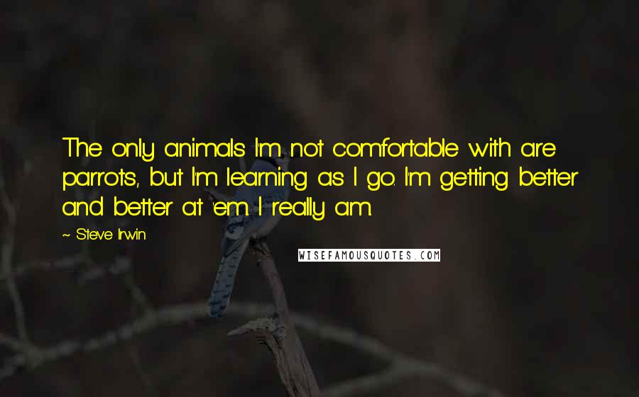 Steve Irwin Quotes: The only animals I'm not comfortable with are parrots, but I'm learning as I go. I'm getting better and better at 'em. I really am.