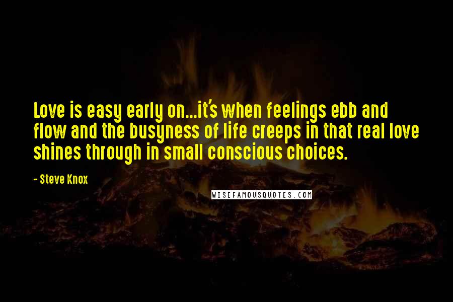 Steve Knox Quotes: Love is easy early on...it's when feelings ebb and flow and the busyness of life creeps in that real love shines through in small conscious choices.