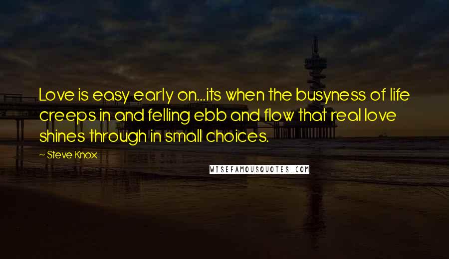 Steve Knox Quotes: Love is easy early on...its when the busyness of life creeps in and felling ebb and flow that real love shines through in small choices.