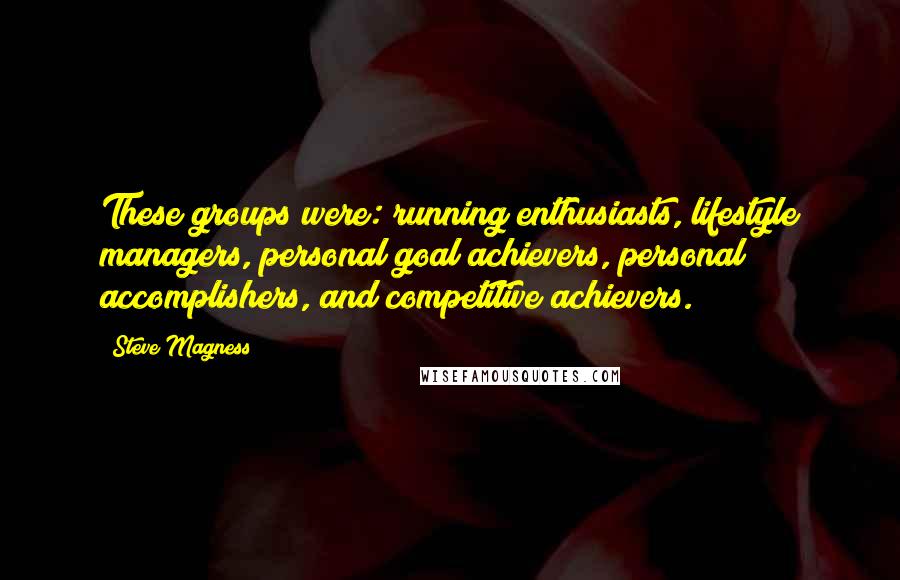 Steve Magness Quotes: These groups were: running enthusiasts, lifestyle managers, personal goal achievers, personal accomplishers, and competitive achievers.