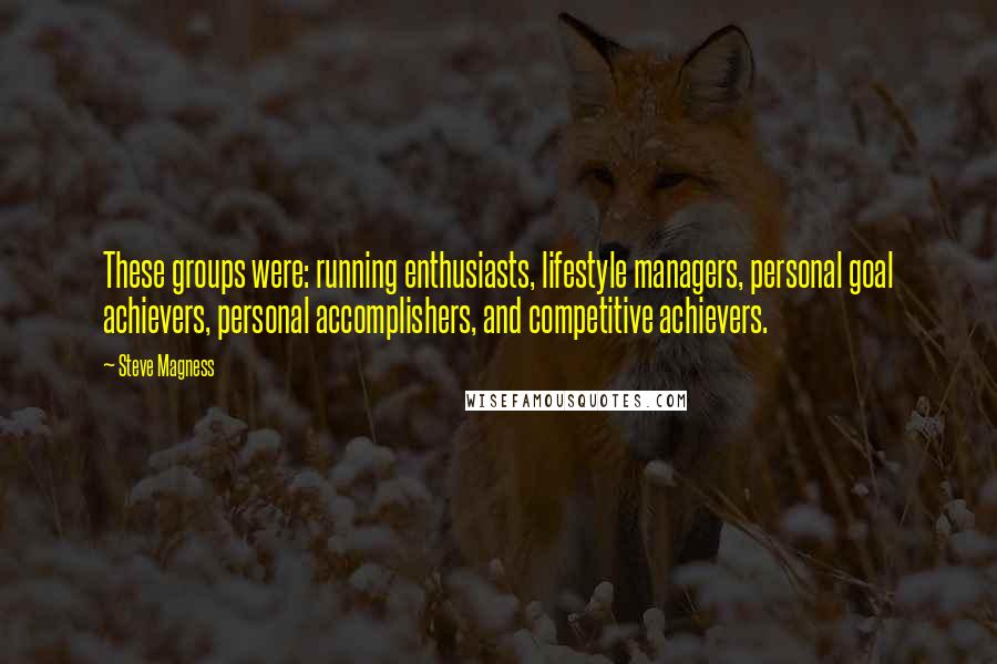 Steve Magness Quotes: These groups were: running enthusiasts, lifestyle managers, personal goal achievers, personal accomplishers, and competitive achievers.
