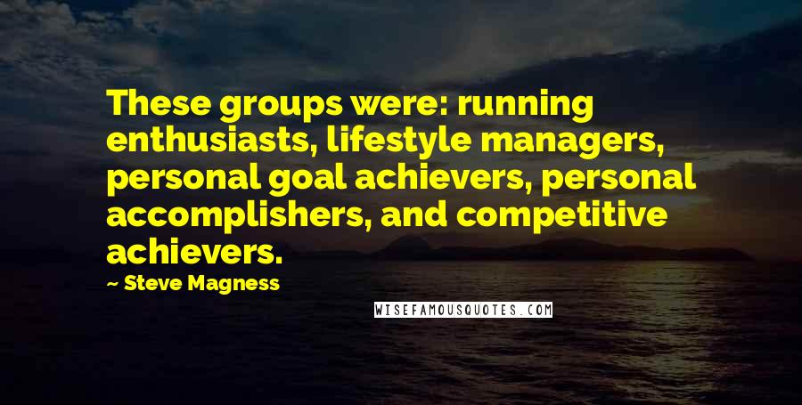 Steve Magness Quotes: These groups were: running enthusiasts, lifestyle managers, personal goal achievers, personal accomplishers, and competitive achievers.