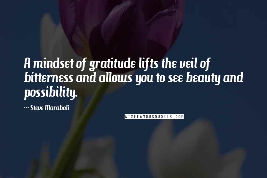 Steve Maraboli Quotes: A mindset of gratitude lifts the veil of bitterness and allows you to see beauty and possibility.