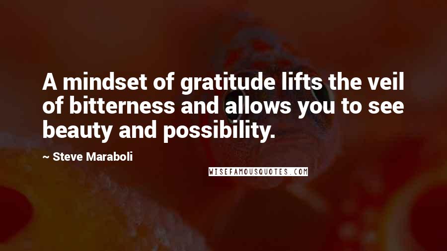 Steve Maraboli Quotes: A mindset of gratitude lifts the veil of bitterness and allows you to see beauty and possibility.