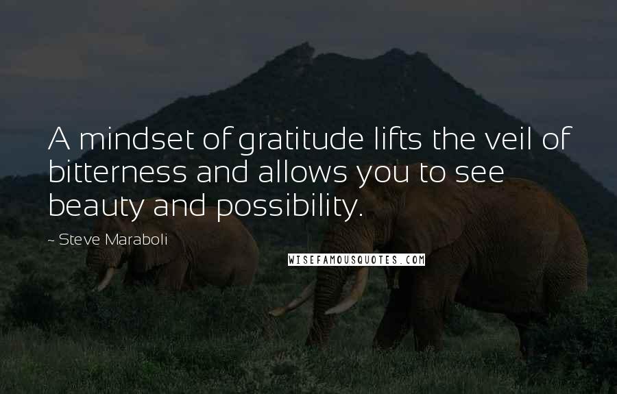 Steve Maraboli Quotes: A mindset of gratitude lifts the veil of bitterness and allows you to see beauty and possibility.