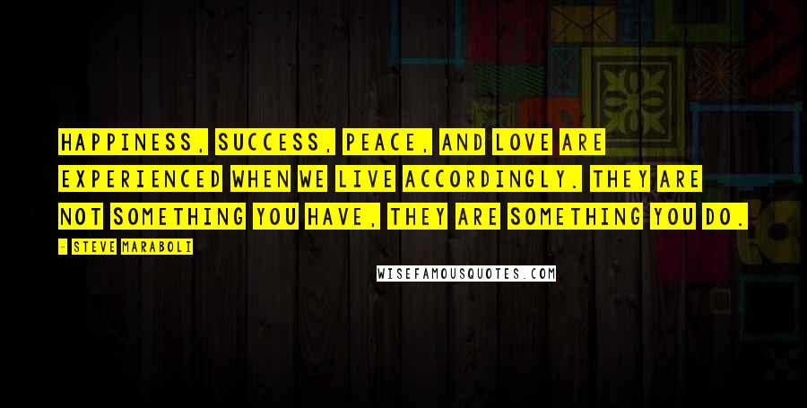 Steve Maraboli Quotes: Happiness, success, peace, and love are experienced when we live accordingly. They are not something you have, they are something you DO.