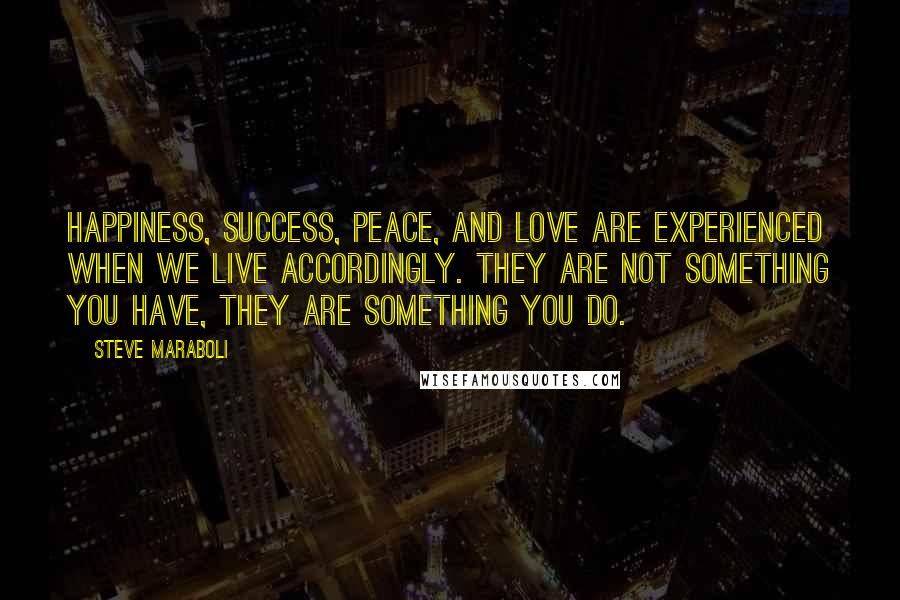 Steve Maraboli Quotes: Happiness, success, peace, and love are experienced when we live accordingly. They are not something you have, they are something you DO.