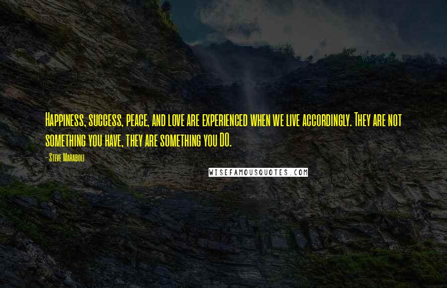 Steve Maraboli Quotes: Happiness, success, peace, and love are experienced when we live accordingly. They are not something you have, they are something you DO.