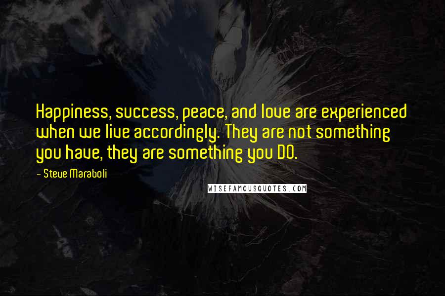 Steve Maraboli Quotes: Happiness, success, peace, and love are experienced when we live accordingly. They are not something you have, they are something you DO.