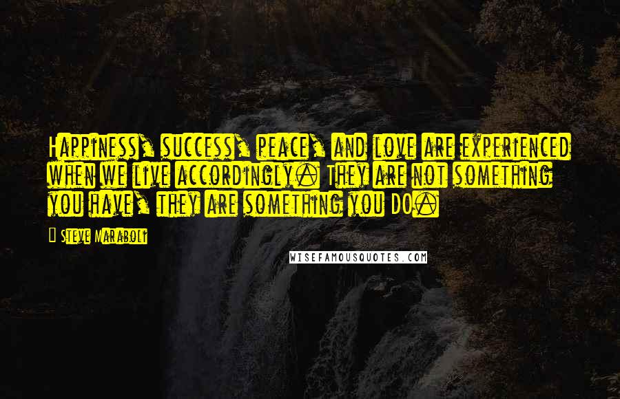 Steve Maraboli Quotes: Happiness, success, peace, and love are experienced when we live accordingly. They are not something you have, they are something you DO.