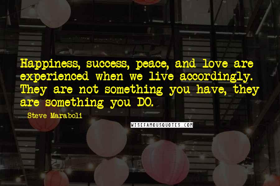 Steve Maraboli Quotes: Happiness, success, peace, and love are experienced when we live accordingly. They are not something you have, they are something you DO.