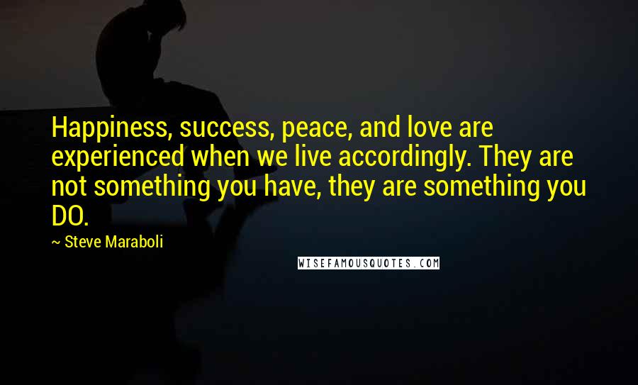 Steve Maraboli Quotes: Happiness, success, peace, and love are experienced when we live accordingly. They are not something you have, they are something you DO.