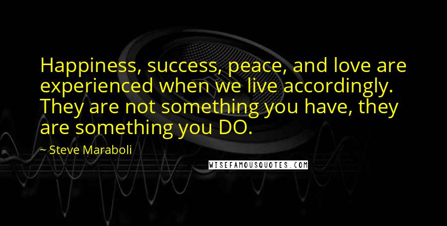 Steve Maraboli Quotes: Happiness, success, peace, and love are experienced when we live accordingly. They are not something you have, they are something you DO.