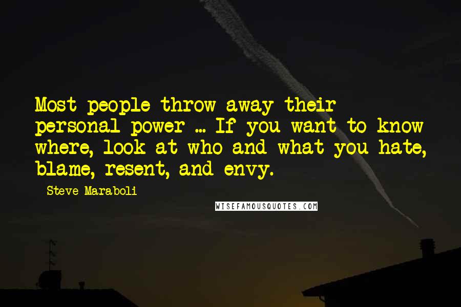 Steve Maraboli Quotes: Most people throw away their personal power ... If you want to know where, look at who and what you hate, blame, resent, and envy.