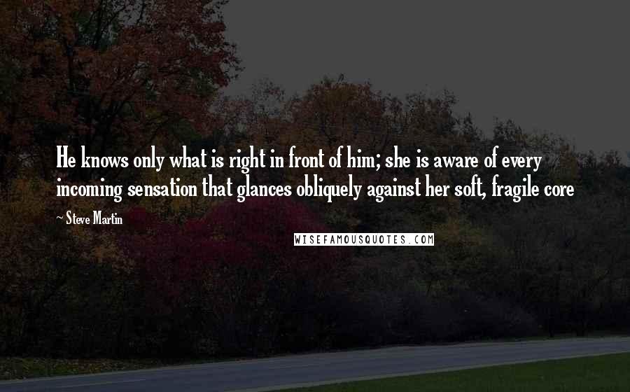 Steve Martin Quotes: He knows only what is right in front of him; she is aware of every incoming sensation that glances obliquely against her soft, fragile core