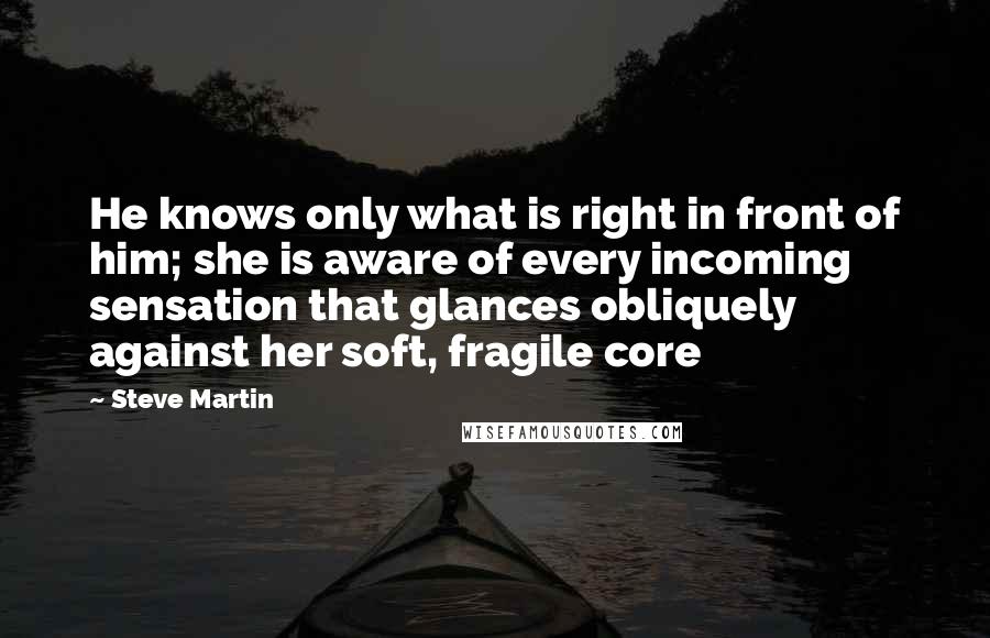 Steve Martin Quotes: He knows only what is right in front of him; she is aware of every incoming sensation that glances obliquely against her soft, fragile core