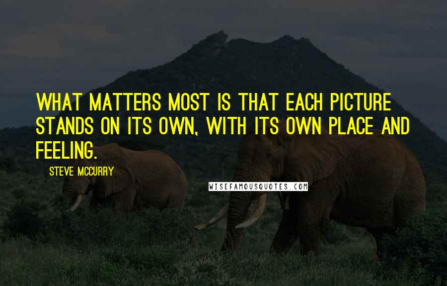 Steve McCurry Quotes: What matters most is that each picture stands on its own, with its own place and feeling.