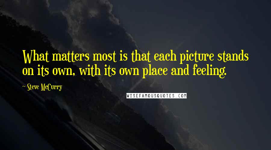 Steve McCurry Quotes: What matters most is that each picture stands on its own, with its own place and feeling.