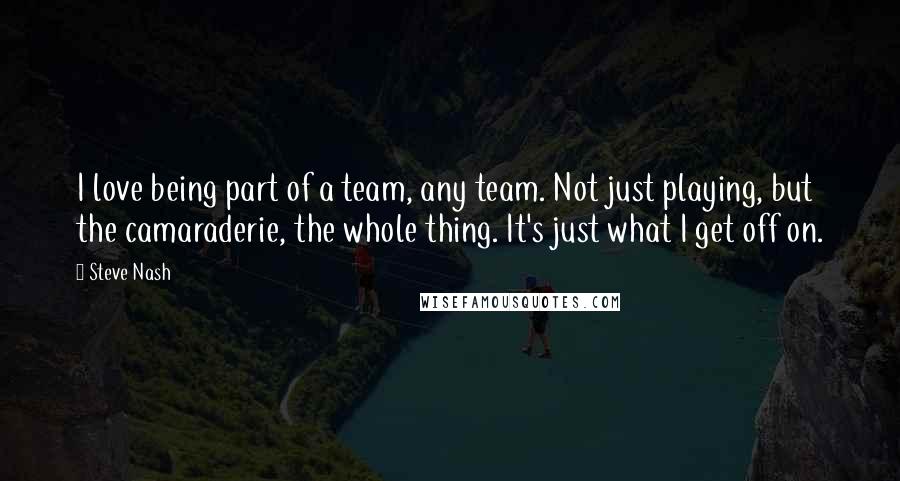 Steve Nash Quotes: I love being part of a team, any team. Not just playing, but the camaraderie, the whole thing. It's just what I get off on.