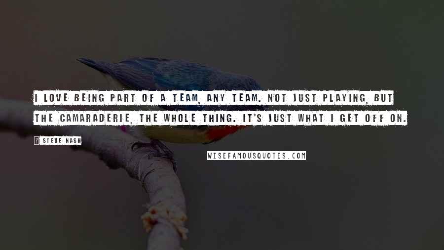 Steve Nash Quotes: I love being part of a team, any team. Not just playing, but the camaraderie, the whole thing. It's just what I get off on.