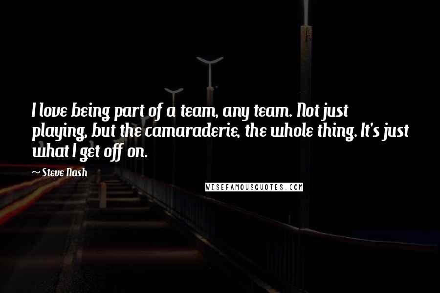 Steve Nash Quotes: I love being part of a team, any team. Not just playing, but the camaraderie, the whole thing. It's just what I get off on.