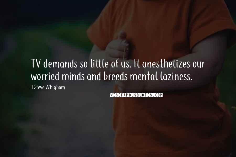 Steve Whigham Quotes: TV demands so little of us. It anesthetizes our worried minds and breeds mental laziness.