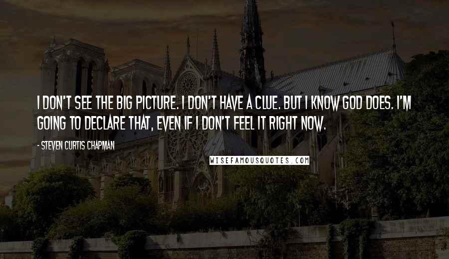 Steven Curtis Chapman Quotes: I don't see the big picture. I don't have a clue. But I know God does. I'm going to declare that, even if I don't feel it right now.