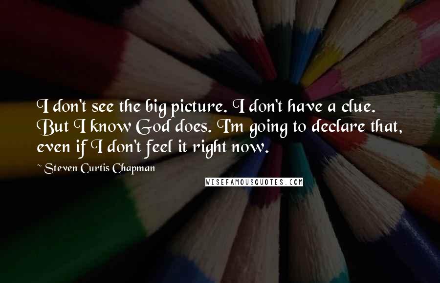 Steven Curtis Chapman Quotes: I don't see the big picture. I don't have a clue. But I know God does. I'm going to declare that, even if I don't feel it right now.