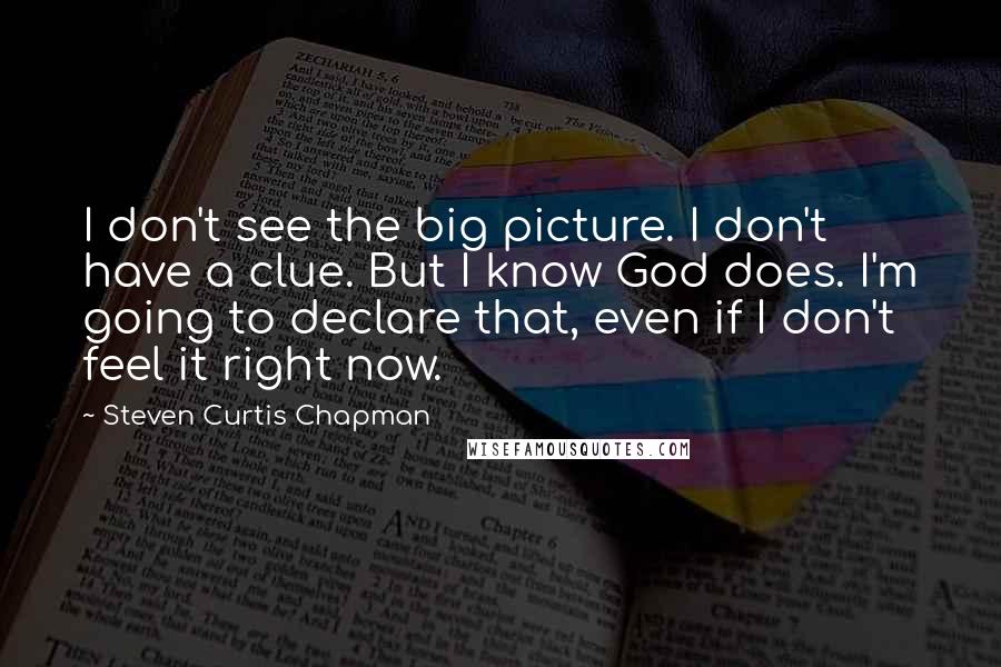 Steven Curtis Chapman Quotes: I don't see the big picture. I don't have a clue. But I know God does. I'm going to declare that, even if I don't feel it right now.