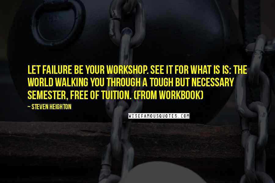 Steven Heighton Quotes: Let failure be your workshop. See it for what is is: the world walking you through a tough but necessary semester, free of tuition. (from Workbook)